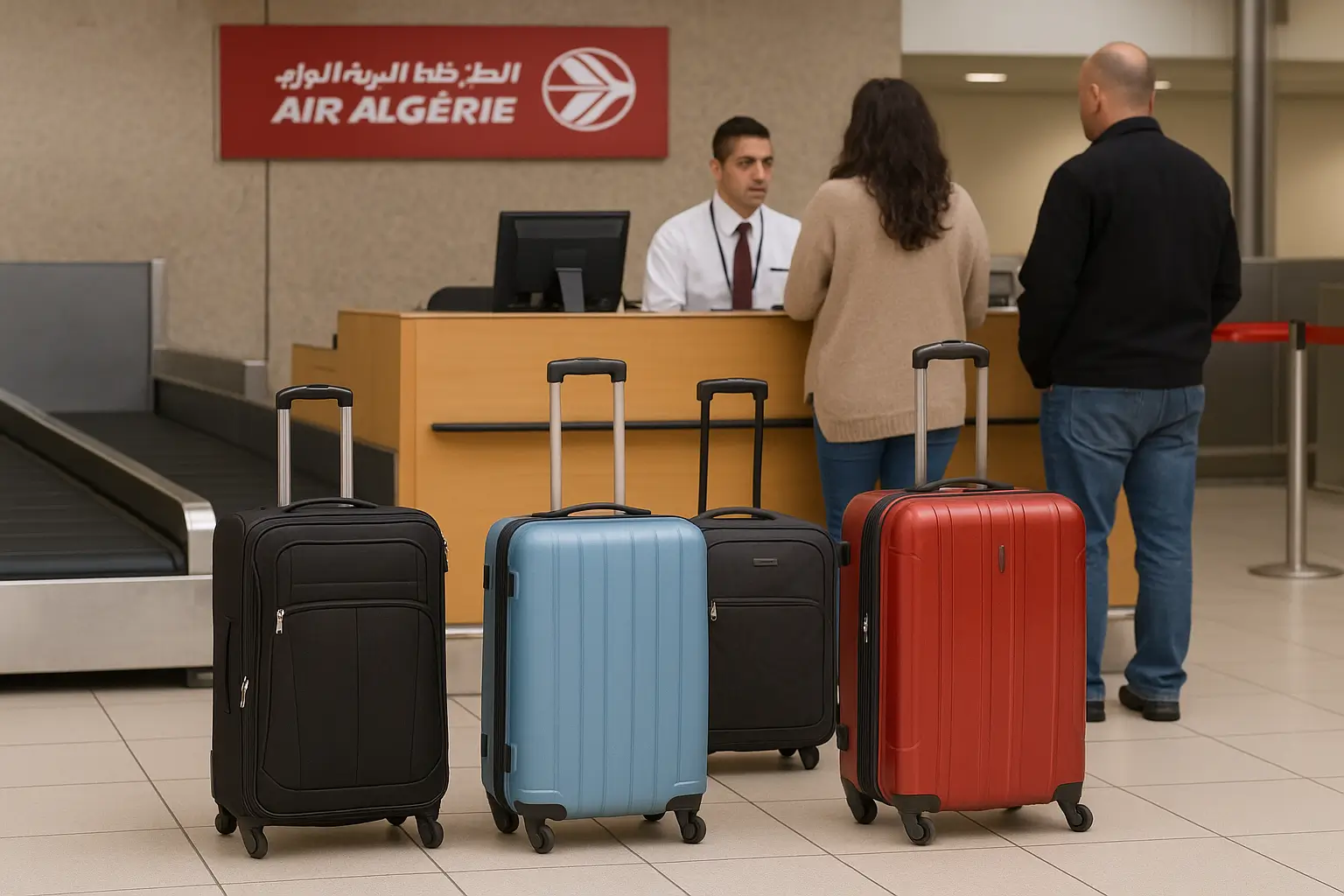 Valises alignées devant un comptoir Air Algérie, passagers et agent d’enregistrement en arrière-plan.