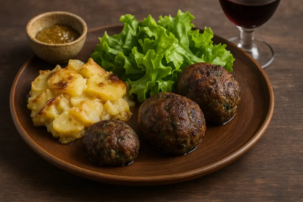Assiette rustique de caillettes servies avec gratin dauphinois, salade verte croquante et sauce moutarde, ambiance chaleureuse et traditionnelle.