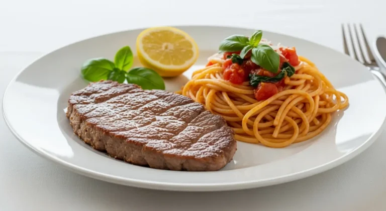 Escalope milanaise croustillante servie avec son accompagnement de pâtes à la sauce tomate et basilic.