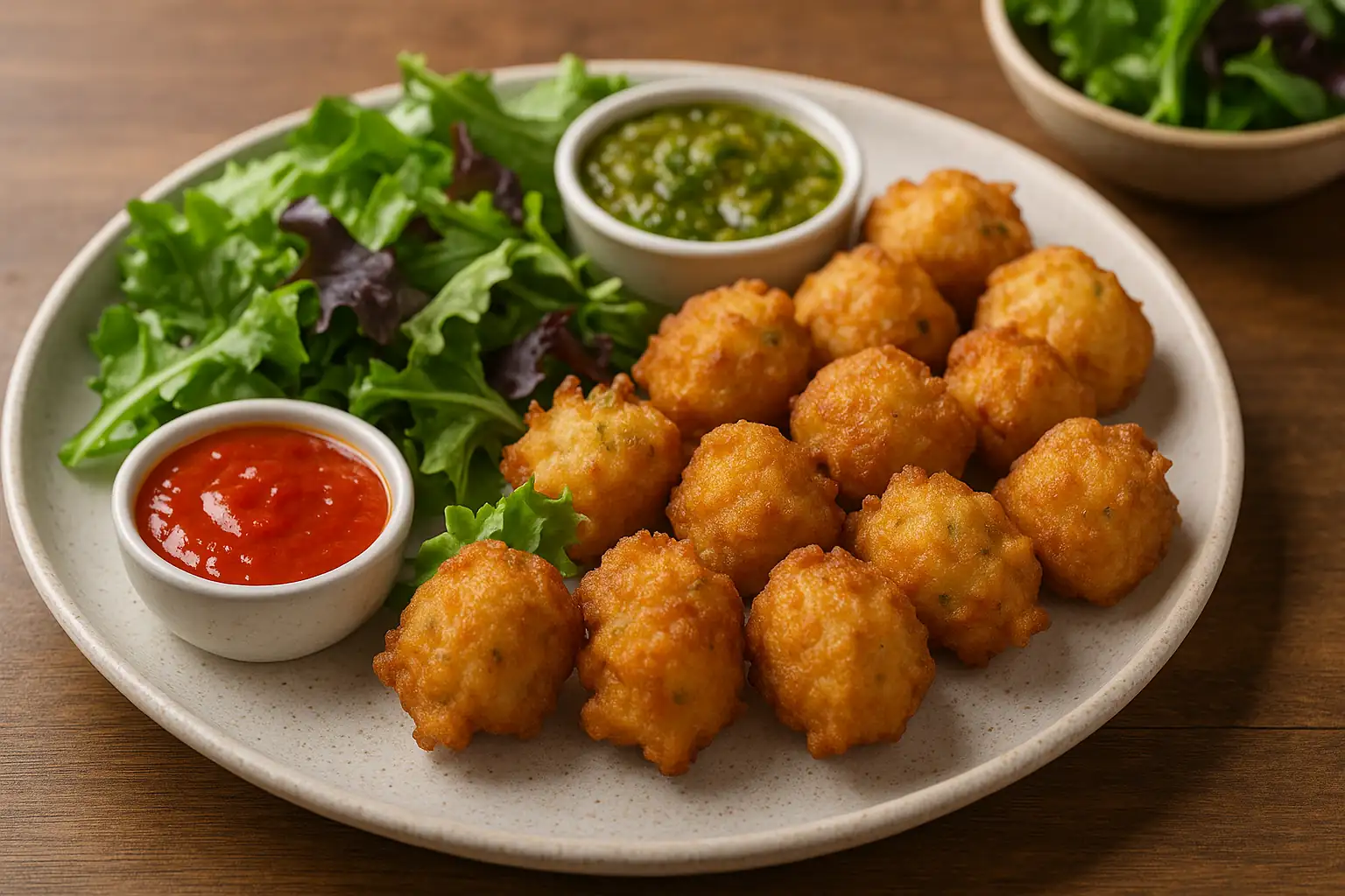 Assiette d’accras de morue dorés servie avec salade verte et deux sauces créoles, présentation idéale pour un apéritif antillais.