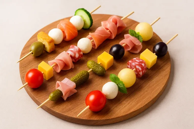 Assortiment de brochettes apéritives colorées sur planche en bois, ingrédients variés, présentation élégante pour buffet d’apéritif