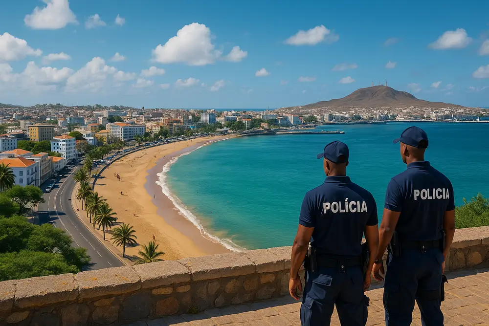 Panorama de Praia, plage et police cap-verdienne surveillant la côte sous ciel bleu.