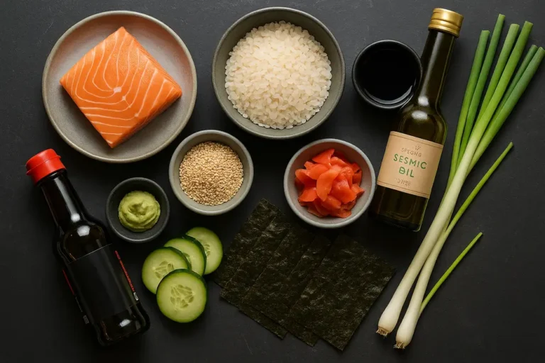 Ingrédients emblématiques de la cuisine japonaise disposés harmonieusement : saumon, riz, sésame, nori, gingembre, sauce soja, wasabi, ciboule, concombre.