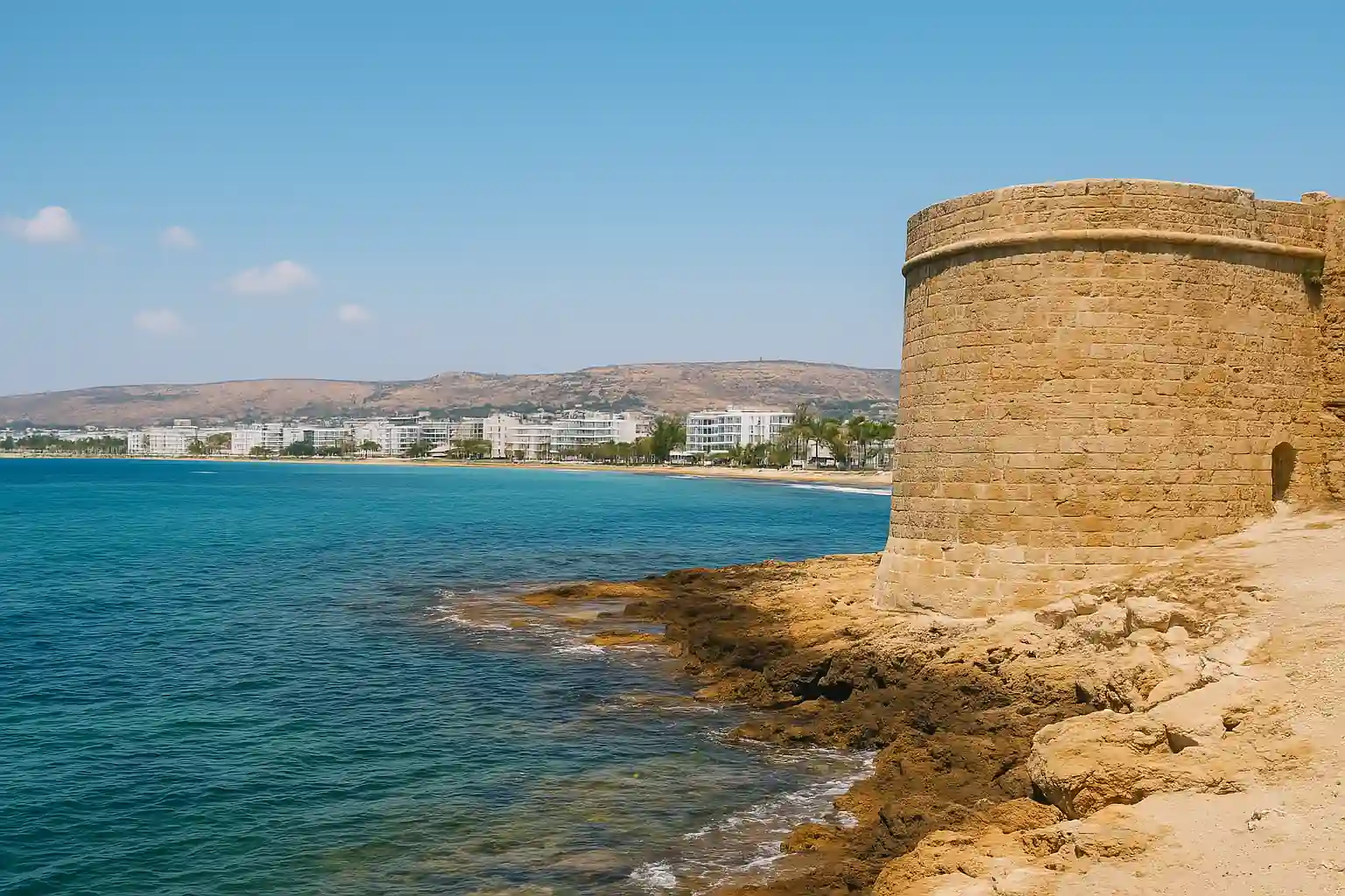 Panorama d’une côte à Chypre avec un vieux fort en pierre, la mer turquoise et une ville moderne au loin, illustrant la question de la sécurité pour les touristes en 2025.