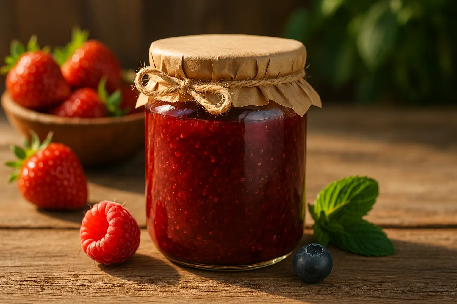 Pot de confiture sans sucre sur une table en bois, fruits frais à côté, lumière naturelle, ambiance saine et gourmande.