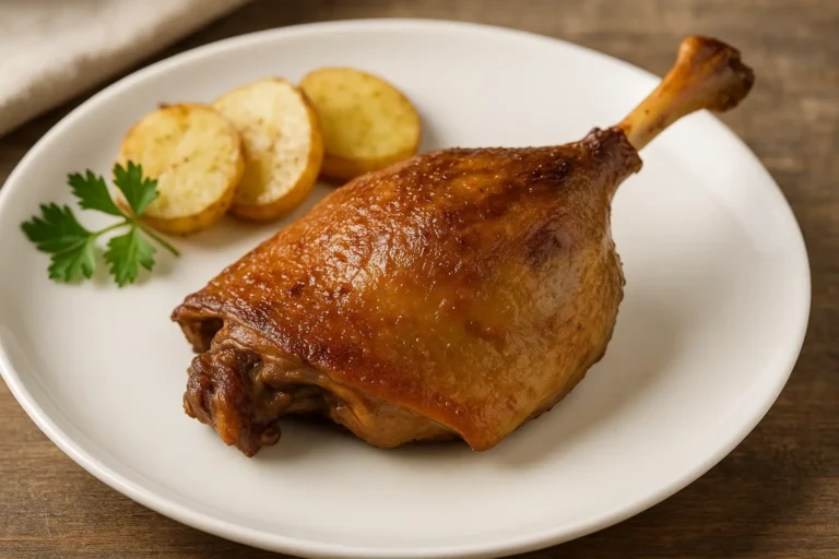 Cuisse de canard confit : recette traditionnelle et secrets de chef 9 Cuisse de canard confit croustillante servie avec pommes de terre et persil sur assiette, vue horizontale, ambiance rustique