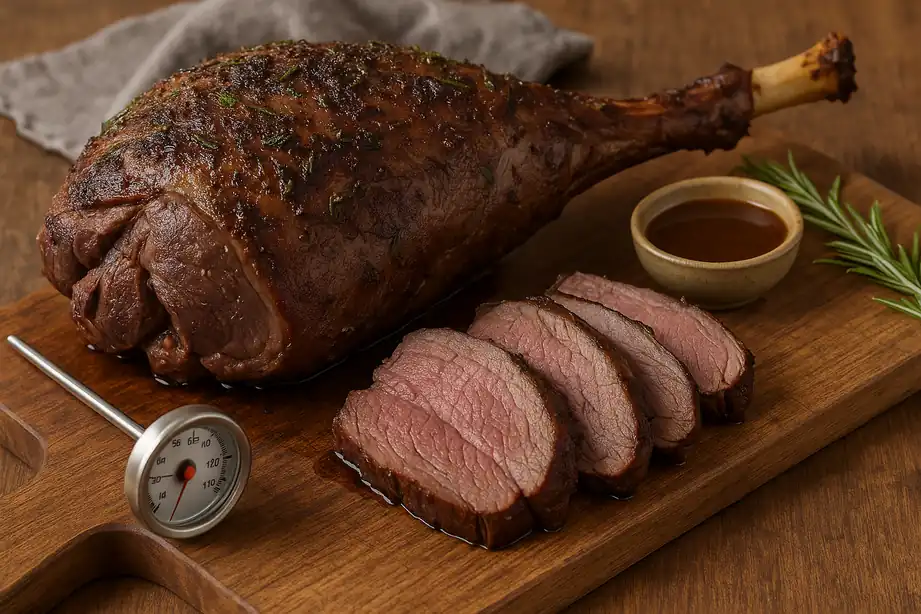 Gigot de chevreuil rôti et tranché, présenté sur planche en bois avec thermomètre de cuisson, sauce brune et brin de romarin pour illustrer la cuisson idéale.