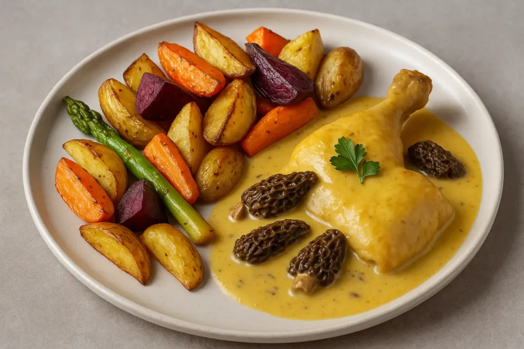 Poulet au vin jaune et morilles accompagné de légumes rôtis variés (pommes de terre, carottes, betterave, asperge) sur assiette gourmande.