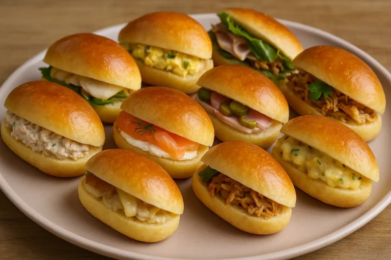 Assortiment de mini navettes apéritives garnies (saumon, thon, poulet, œufs) disposées sur une assiette, idée de bouchées pour buffet.