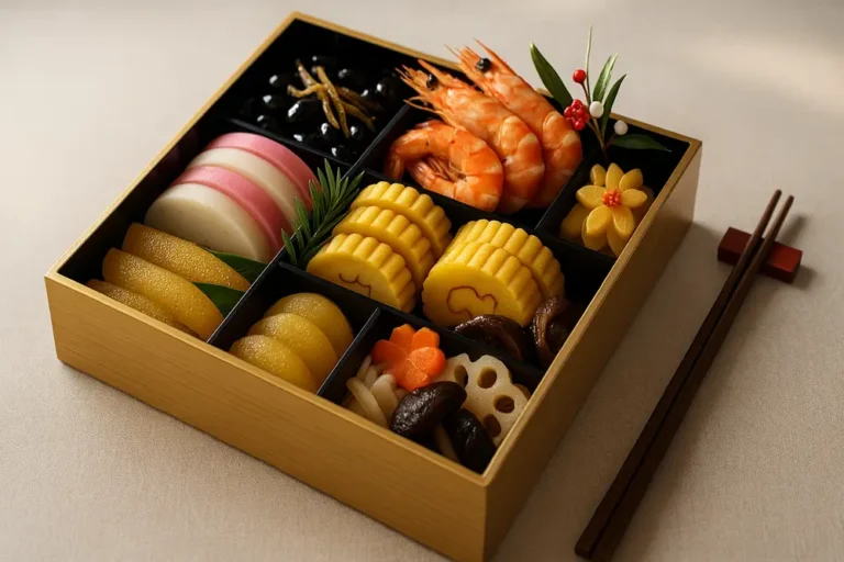Boîte osechi japonaise traditionnelle pour le Nouvel An, joliment présentée avec crevettes, kamaboko rose et blanc, datemaki, kuro-mame, kazunoko et légumes décoratifs.