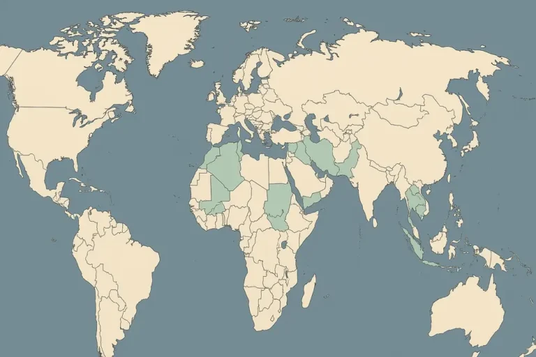 Carte du monde sur fond bleu, pays commençant par M surlignés en vert