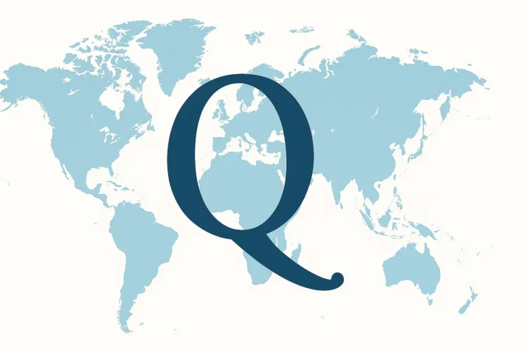 Carte du monde stylisée avec un grand Q bleu centré sur la région du Qatar, illustrant le seul pays en Q