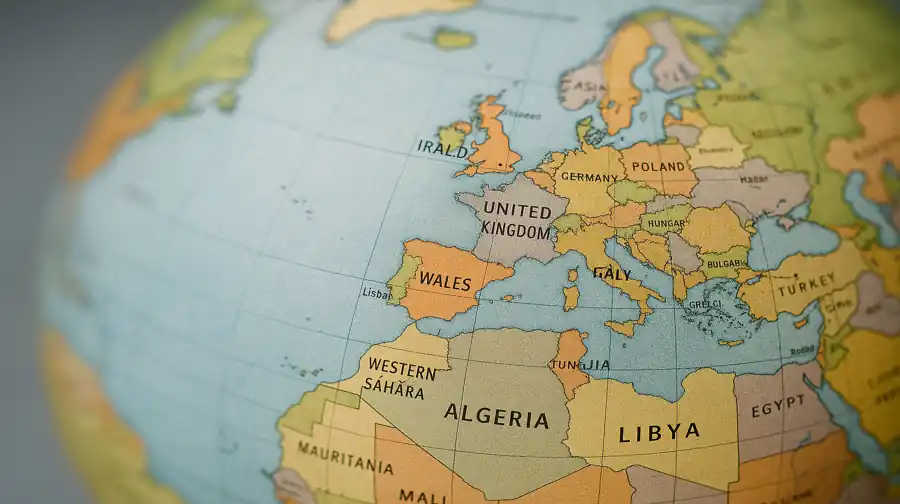 Globe terrestre centré sur le Pays de Galles et le Sahara occidental, représentant les pays commençant par W