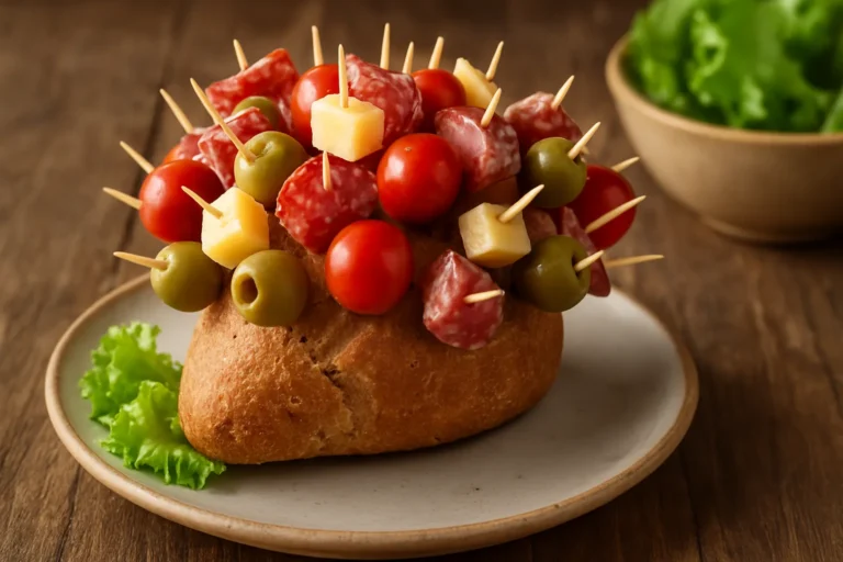 Hérisson apéritif composé de pain, tomates cerise, olives, cubes de fromage et saucisson, présenté sur une assiette rustique pour buffet festif