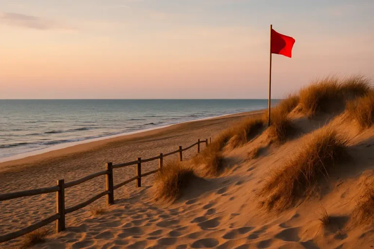 Dunes de sable au Cap d’Agde avec drapeau rouge et barrière en bois au crépuscule.