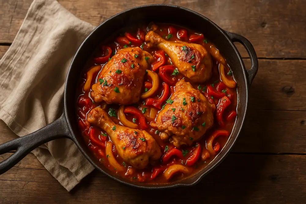 Poulet basquaise de ma grand-mère : la vraie recette basque 1 Poulet basquaise façon grand-mère, poulet doré et poivrons mijotés dans une poêle en fonte