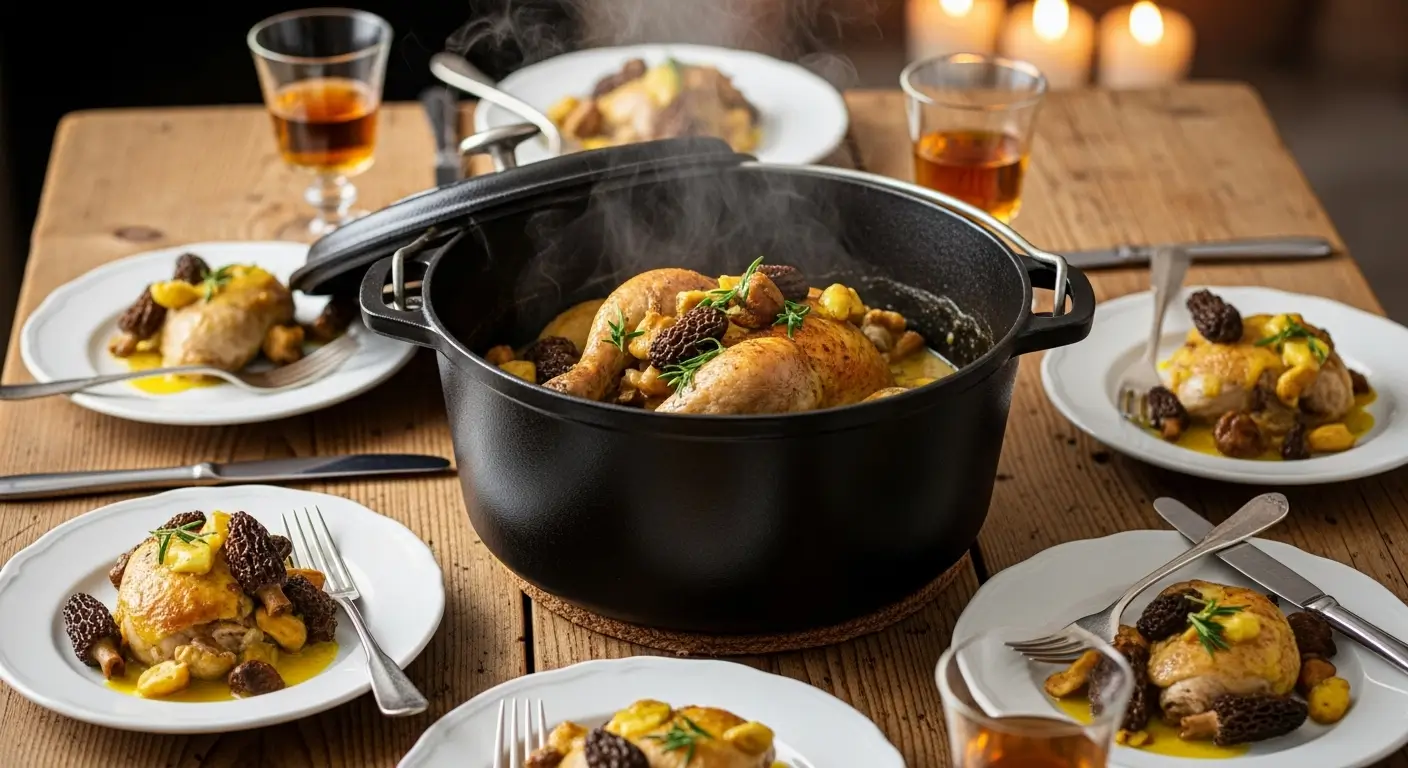 Peut-on Préparer un Poulet au Vin Jaune la Veille ? 1 Plat de poulet au vin jaune et aux morilles dans une cocotte, illustrant la préparation du plat la veille.