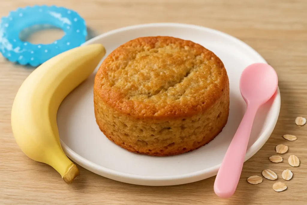 Petit gâteau moelleux à la banane et à l’avoine, présenté avec une cuillère bébé rose, un jouet de dentition et un décor doux adapté aux tout-petits
