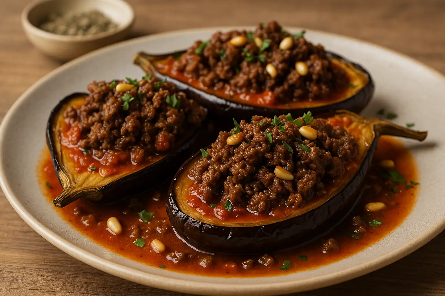 Recette Libanaise Aubergine Viande Hachée : La Moussaka Authentique du Liban 1 Aubergines farcies à la viande hachée façon libanaise, servies dans une sauce tomate, sur une assiette en céramique, décor naturel et authentique
