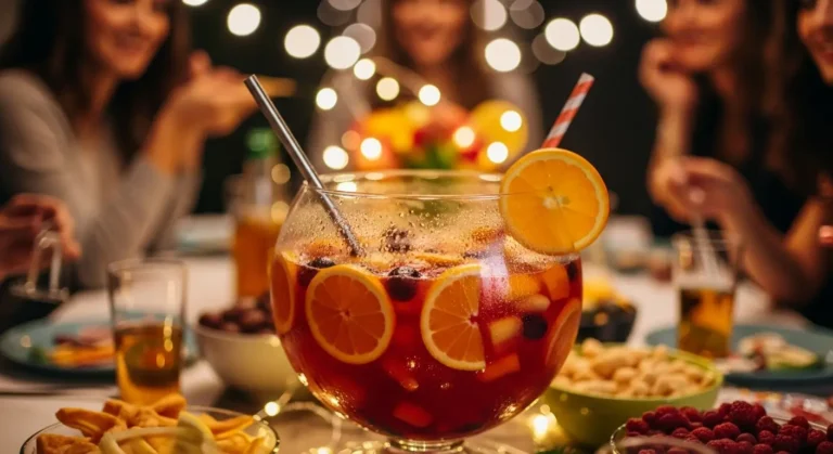 Punch pour 30 Personnes : La Recette Facile 8 Grand saladier de punch aux fruits préparé avec une recette facile pour 30 personnes lors d'une fête.