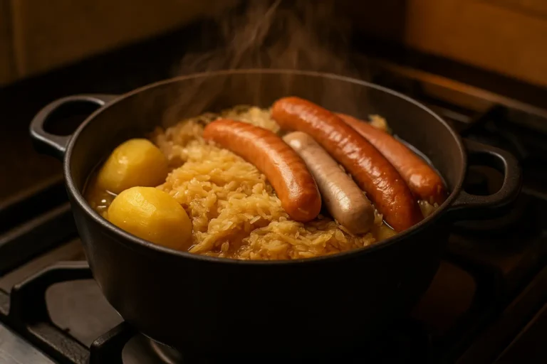 Réchauffer la choucroute : temps, température & astuces 10 choucroute garnie fumante réchauffée dans une cocotte noire sur la cuisinière, saucisses et pommes de terre visibles, ambiance chaleureuse.