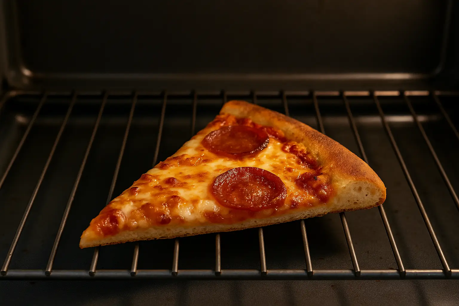 part de pizza au pepperoni réchauffée au four sur une grille, croustillante et dorée