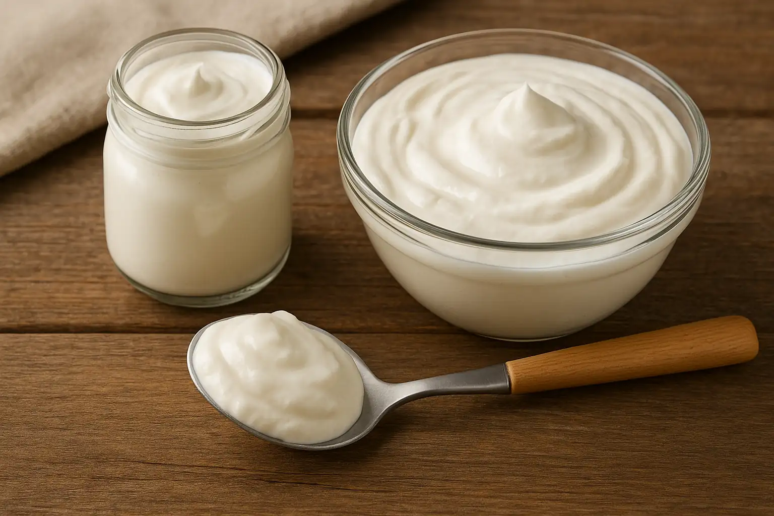 Fromage blanc et crème fraîche côte à côte sur table en bois, illustrant l’idée de substitution en cuisine.