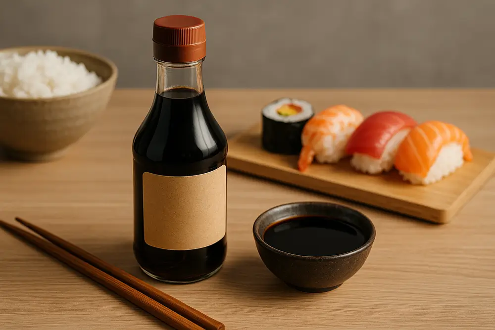 Bouteille de sauce shoyu japonaise traditionnelle avec un bol de sauce, des sushis et des baguettes en bois sur une table élégante.