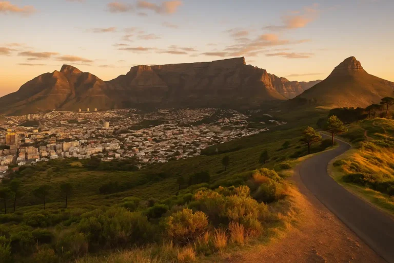 Tourisme en Afrique du Sud Danger ? Analyse sur la Sécurité des Voyageurs 7 Vue panoramique sur Le Cap, Afrique du Sud, avec Table Mountain au coucher du soleil, illustrant la question de la sécurité des voyageurs en 2025.