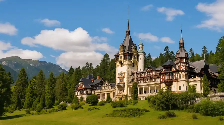 Château de Peleș entouré de verdure dans les Carpates, paysage emblématique du tourisme en Roumanie