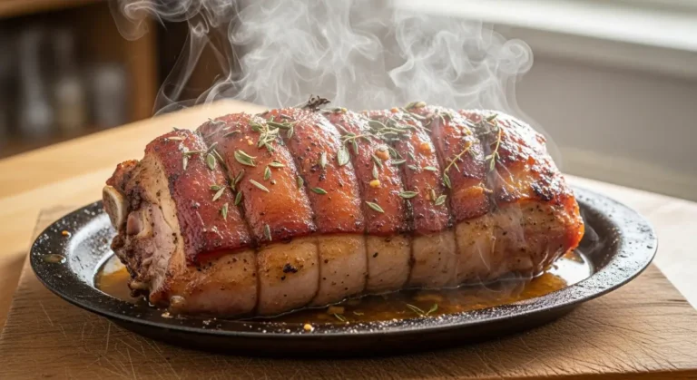 Travers de porc laqués et caramélisés, fraîchement sortis du four sur une plaque de cuisson, prêts à être dégustés.