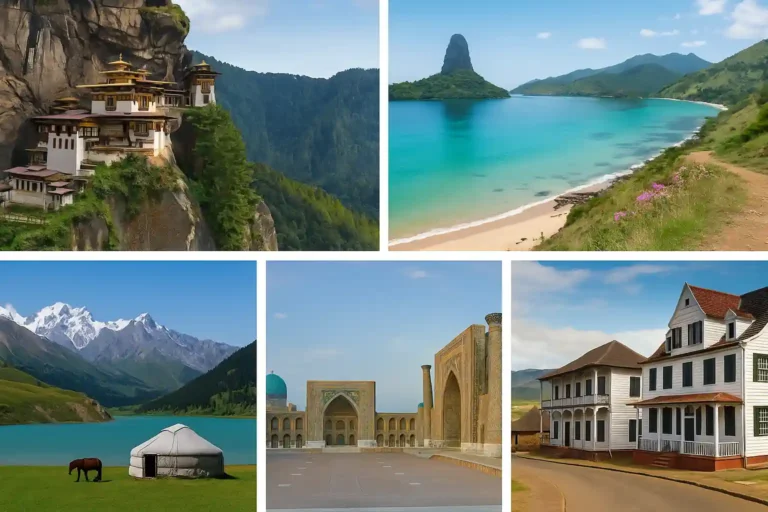 Montage de paysages et monuments emblématiques de 7 pays méconnus à visiter, incluant montagnes, monastères, plages et architectures locales.