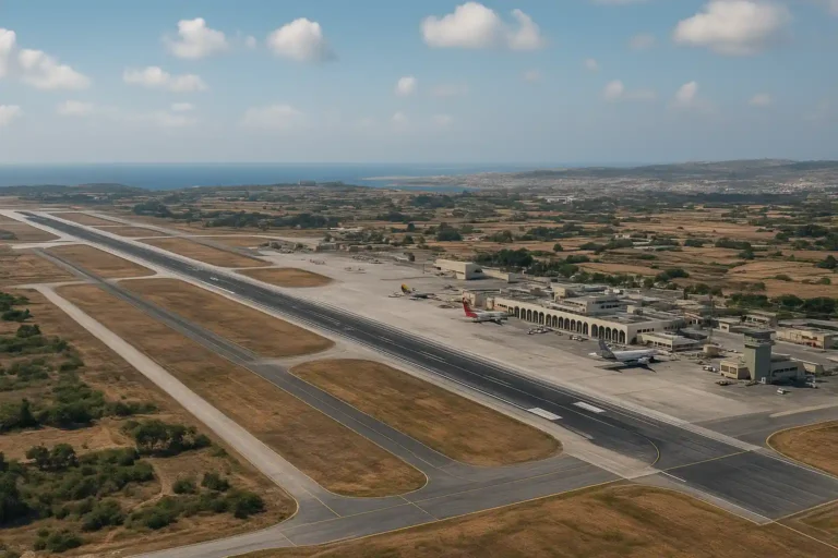 Vue aérienne de l’aéroport international de Malte (Luqa) sous un ciel clair, montrant les pistes, les terminaux et l’environnement méditerranéen alentour.