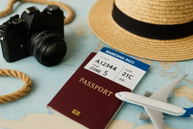 Aguila Voyage OneStrip : L'aventure photographique authentique en petit groupe 7 Accessoires de voyage posés sur une carte, avec appareil photo, billet d'avion, passeport et chapeau de paille — symbolisant un départ organisé avec Aguila via OneStrip.