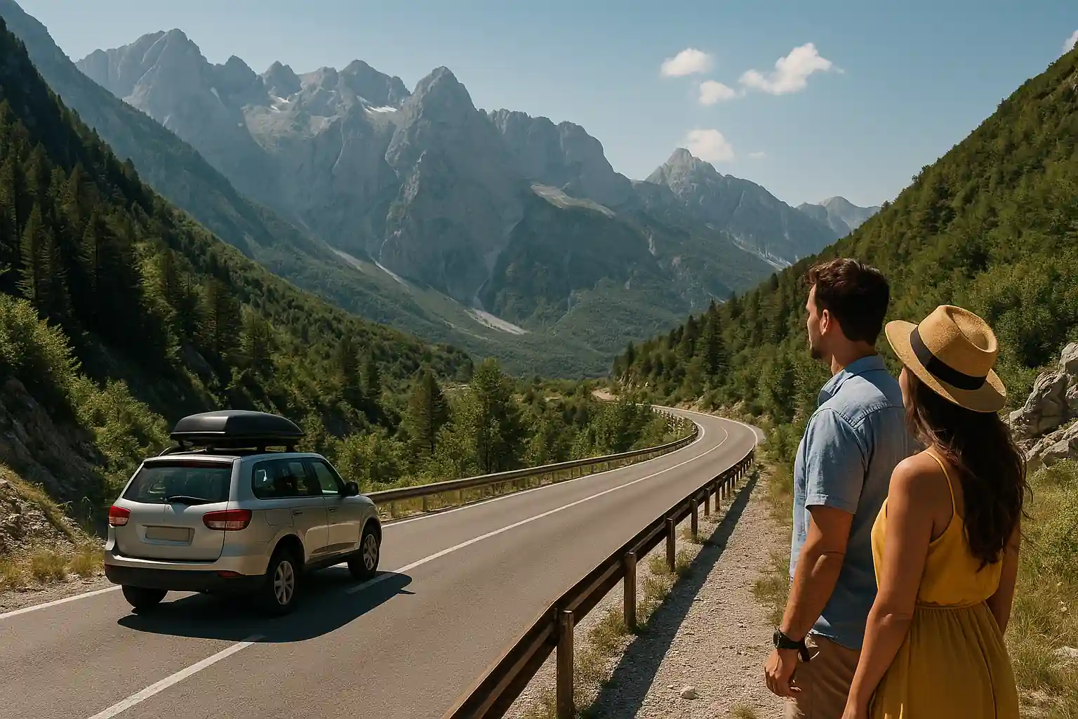 Couple contemplant une route de montagne en Albanie, paysage verdoyant et sommets rocheux sous ciel bleu d’été.