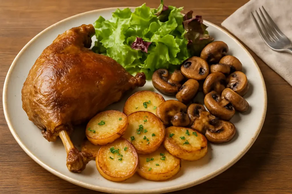 Confit de canard croustillant accompagné de pommes de terre dorées, champignons sautés et salade verte sur une assiette rustique.