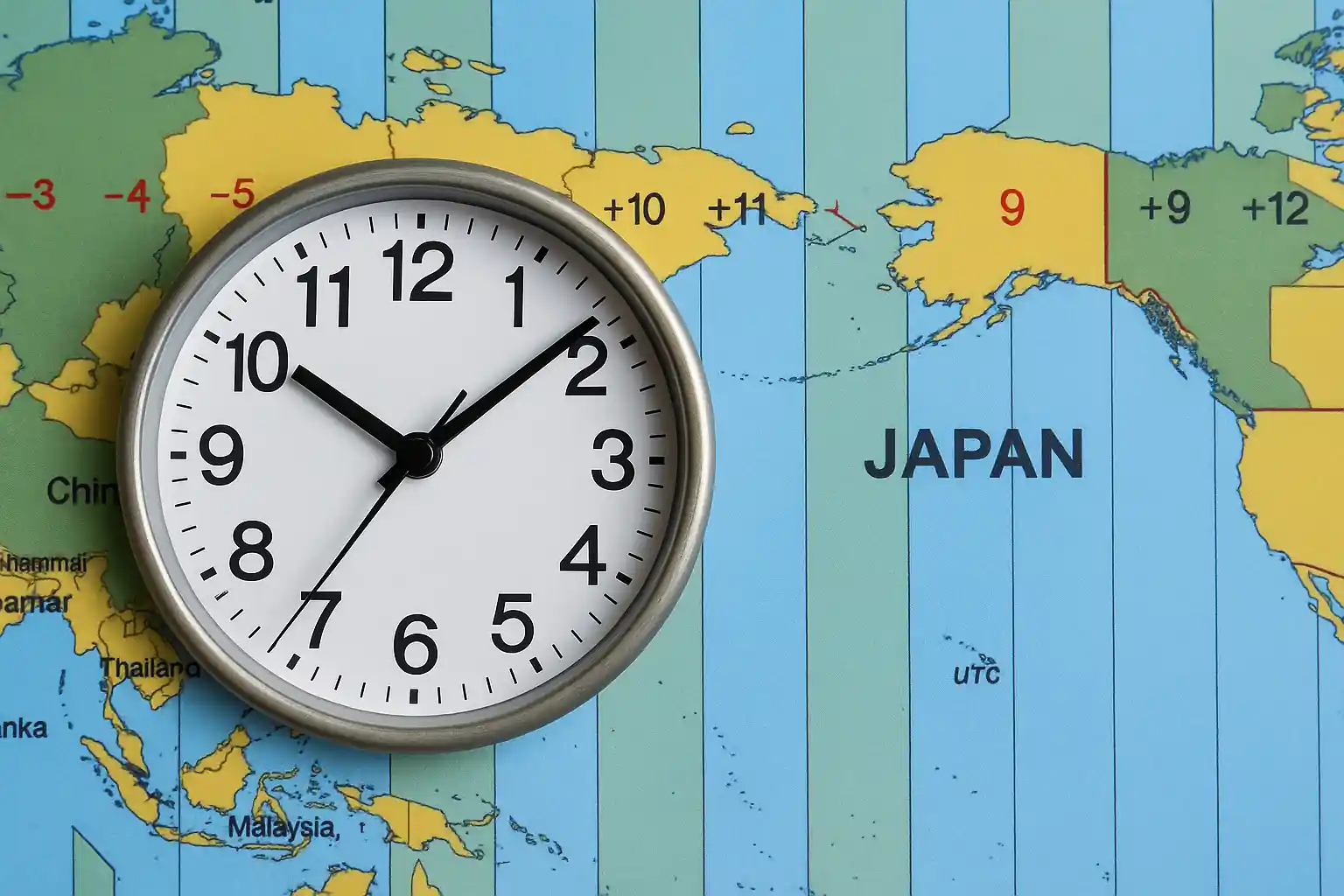 Horloge murale ronde sur fond de carte du monde mettant en évidence le Japon et ses fuseaux horaires.