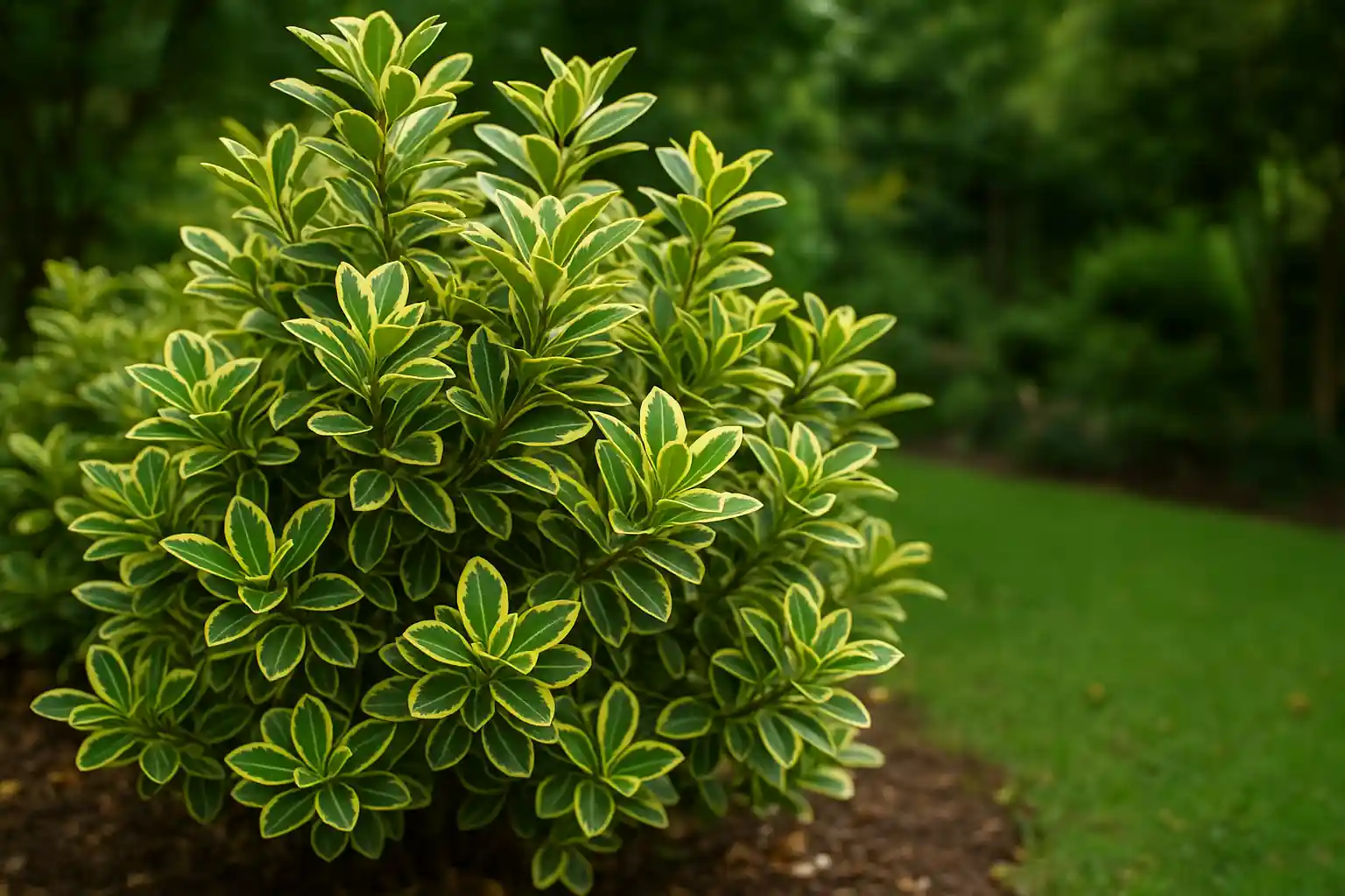 Arbuste Fusain du Japon avec feuillage dense vert et jaune, planté sur un massif de jardin bien entretenu.