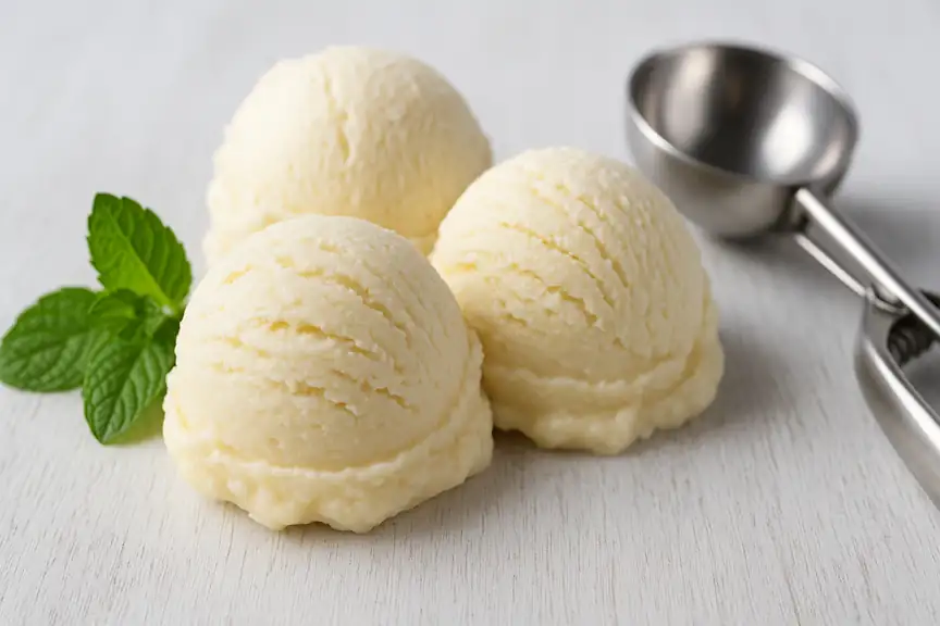 Trois boules de glace vanille sans sucre présentées sur une surface en bois clair, accompagnées d’une feuille de menthe et d’une cuillère à glace métallique, offrant une ambiance fraîche et naturelle.