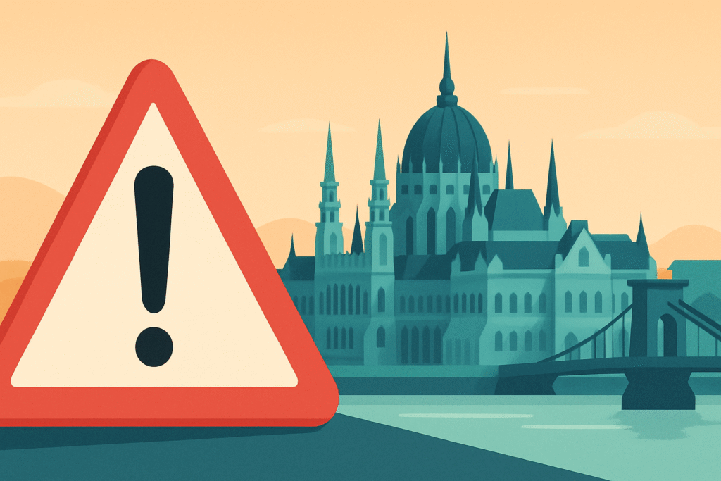 hongrie tourisme danger : illustration stylisée du Parlement de Budapest avec panneau d’avertissement