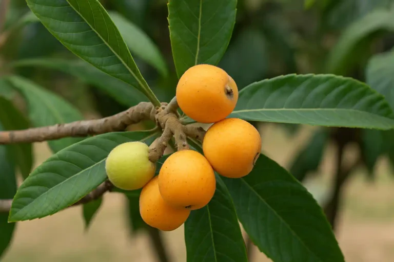 Fruits mûrs et feuillage du néflier du Japon (Eriobotrya japonica) sur branche, en gros plan naturel.