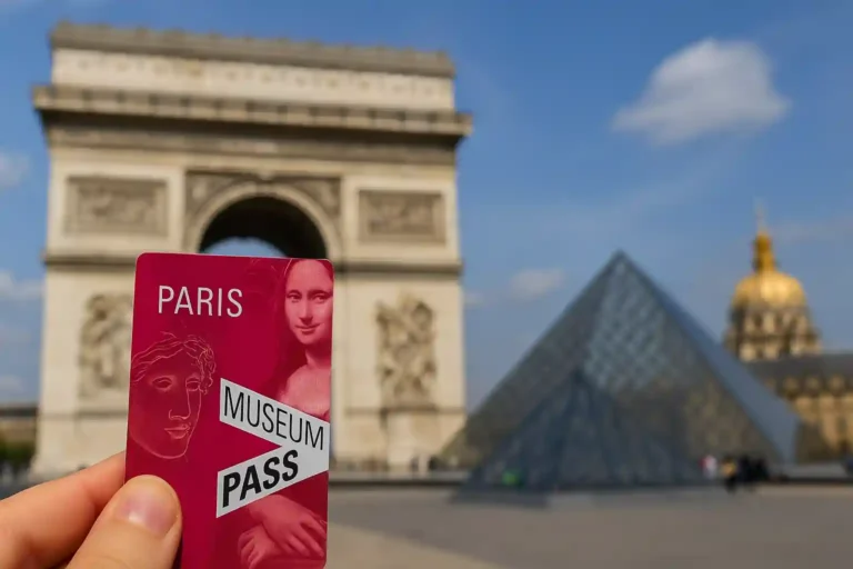 Paris Museum Pass tenu devant le Louvre, pyramide en verre et Arc de Triomphe floutés en arrière-plan.