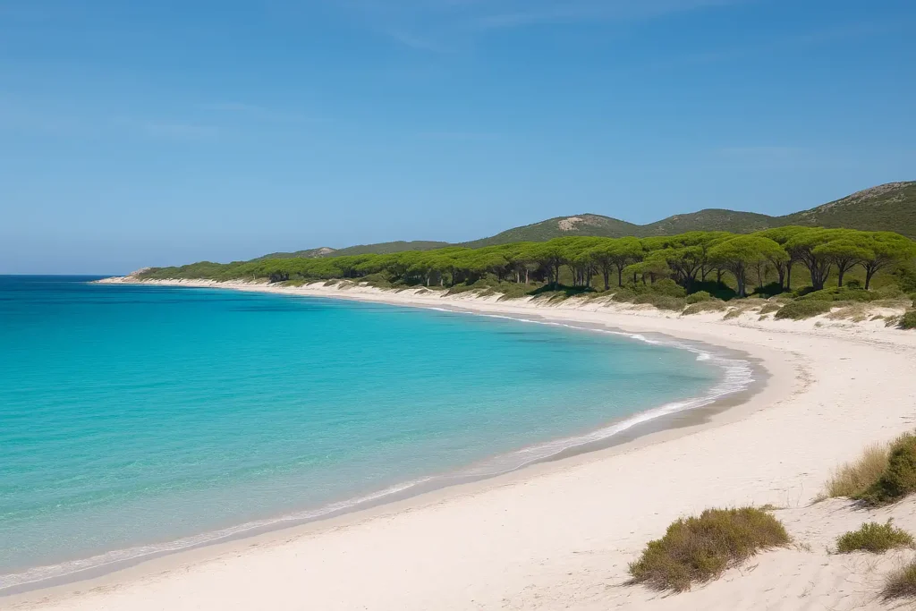 Plage de Saleccia en Corse avec sable blanc, mer turquoise et pinède dans le désert des Agriates