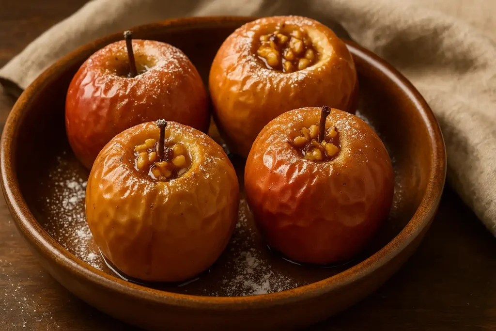 Quatre pommes au four dorées, garnies de noix et de miel, servies dans un plat en terre cuite avec une légère touche de sucre glace sur fond en bois.