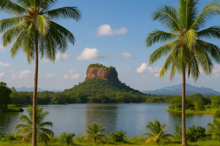 Paysage tropical du Sri Lanka avec le rocher de Sigiriya, lac et palmiers, ciel bleu ensoleillé.