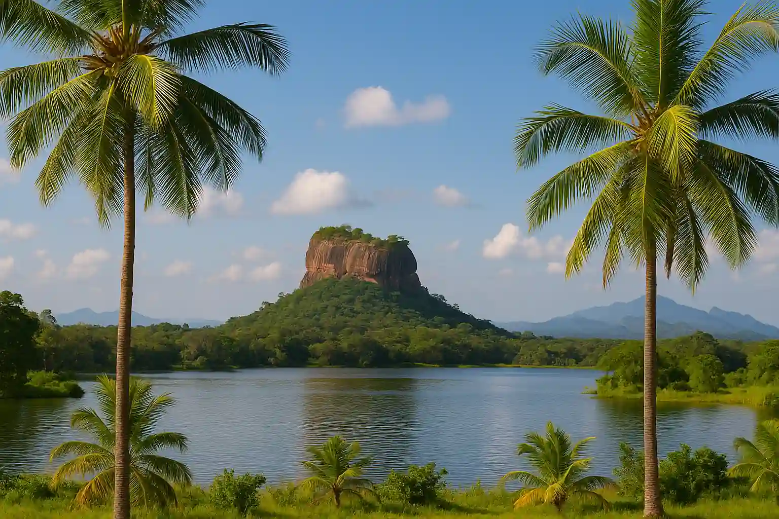 Paysage tropical du Sri Lanka avec le rocher de Sigiriya, lac et palmiers, ciel bleu ensoleillé.