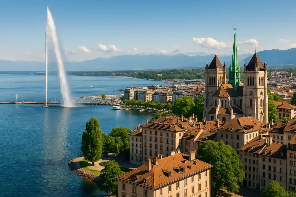 Vue panoramique de Genève avec le Jet d'Eau, la cathédrale St-Pierre et le lac Léman sous un ciel bleu