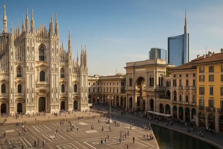Place du Duomo à Milan avec la cathédrale gothique, Galleria Vittorio Emanuele II et gratte-ciel modernes, ciel bleu et ambiance touristique.