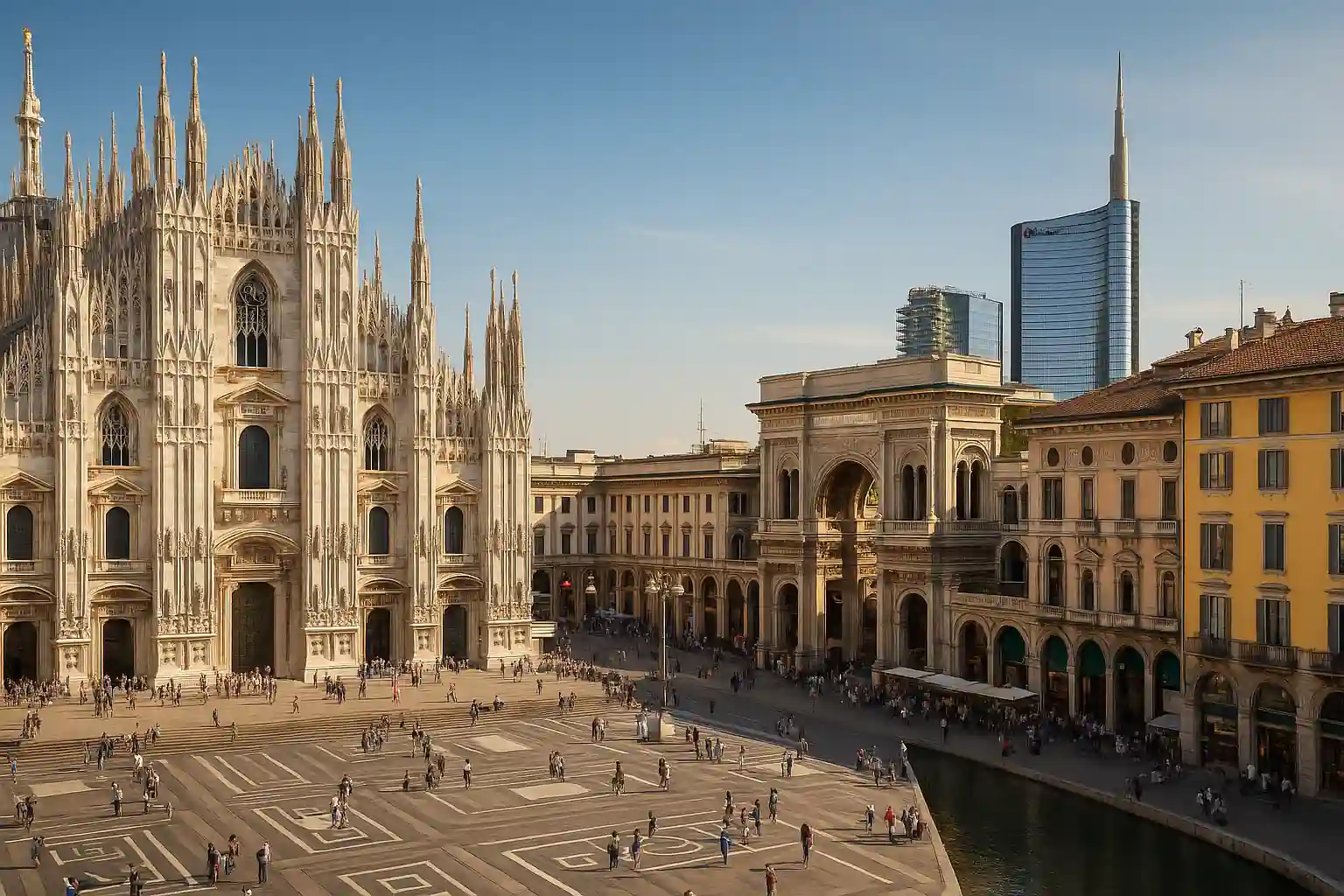 Place du Duomo à Milan avec la cathédrale gothique, Galleria Vittorio Emanuele II et gratte-ciel modernes, ciel bleu et ambiance touristique.