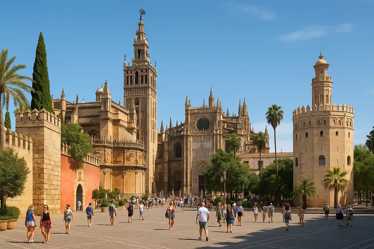 Cathédrale de Séville et Giralda au centre historique, touristes sous ciel bleu d’Andalousie, ambiance estivale et culturelle.